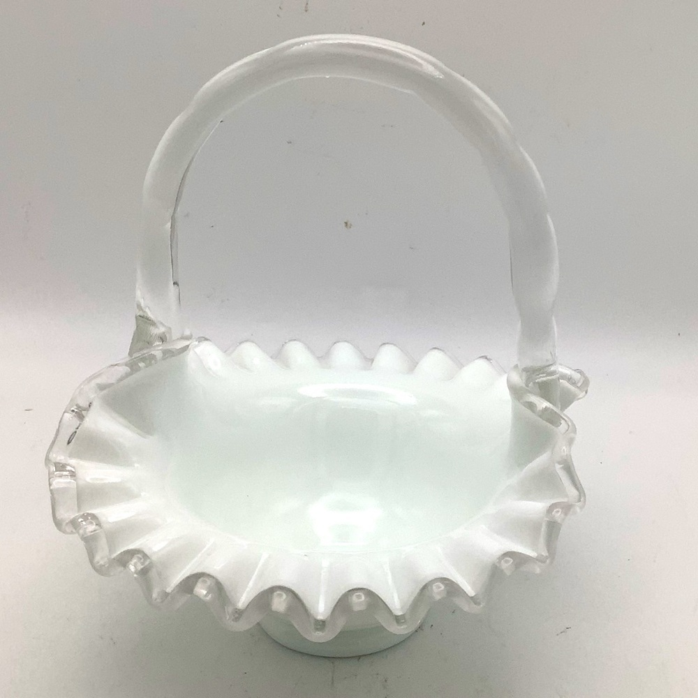 Vintage Fenton White Milk Glass Ruffled Edge Handled Basket